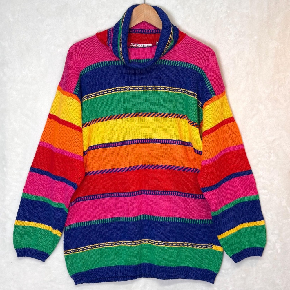 80s Retro Rainbow Stripe Sweater L Colorblock Dopamine Knit Pullover Kidcore NEW
